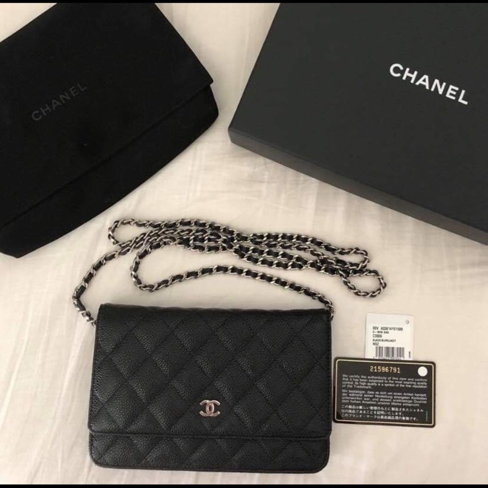Chanel classic quilted caviar wallet on chain